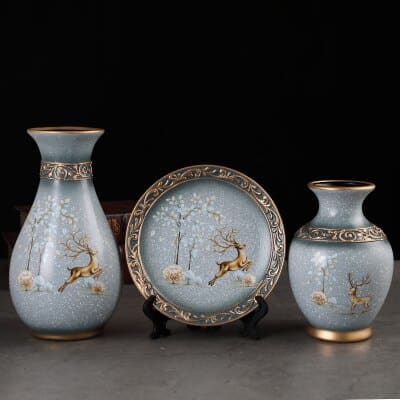 3 pièces de vases en céramique chinoise avec bordure dorée motif 3D Blanc