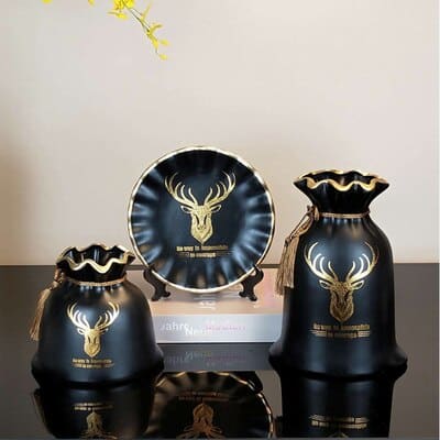 3 pièces de vases en céramique chinoise avec bordure dorée motif 3D Noir