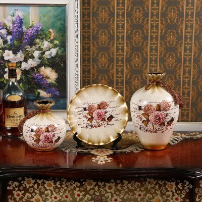 3 pièces de vases en céramique chinoise avec bordure dorée motif 3D Rose