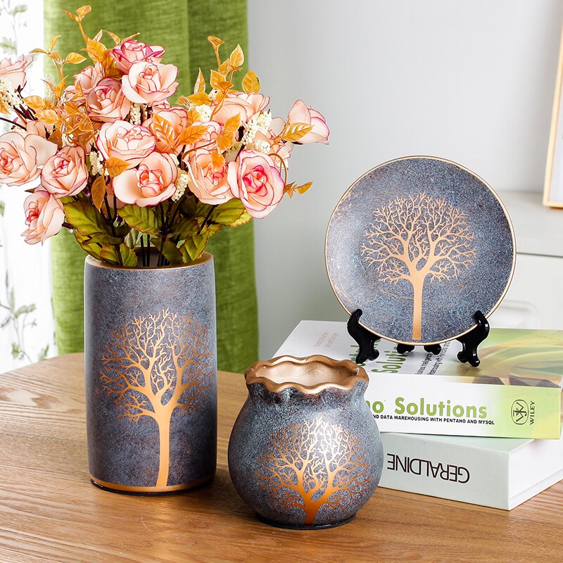 Ensemble de 3 vase japonais vintage en céramique motif fait à la main Arbre de vie