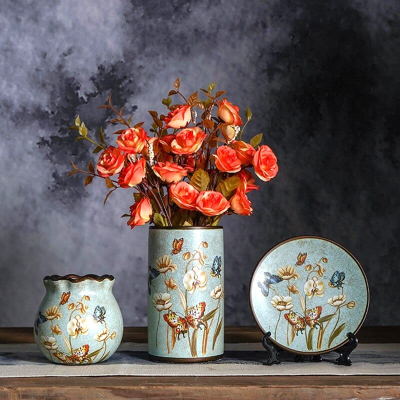Ensemble de 3 vase japonais vintage en céramique motif fait à la main Bleu
