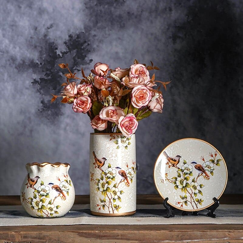 Ensemble de 3 vase japonais vintage en céramique motif fait à la main Oiseau