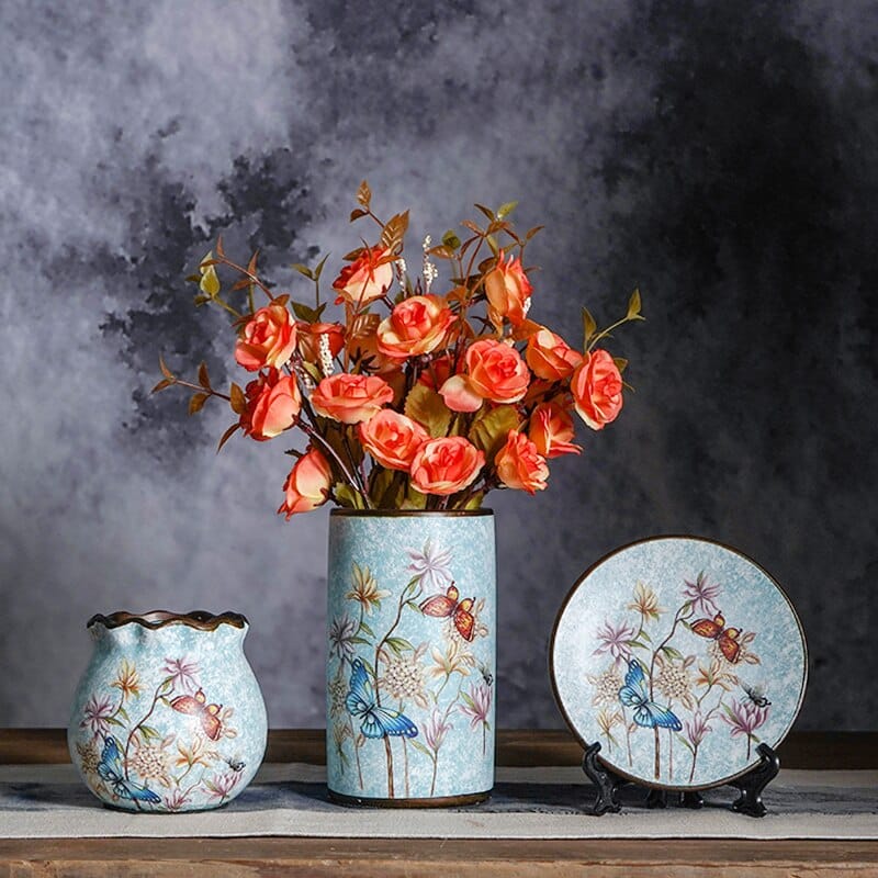 Ensemble de 3 vase japonais vintage en céramique motif fait à la main Papillon