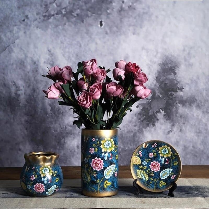 Ensemble de 3 vase japonais vintage en céramique motif fait à la main Rose