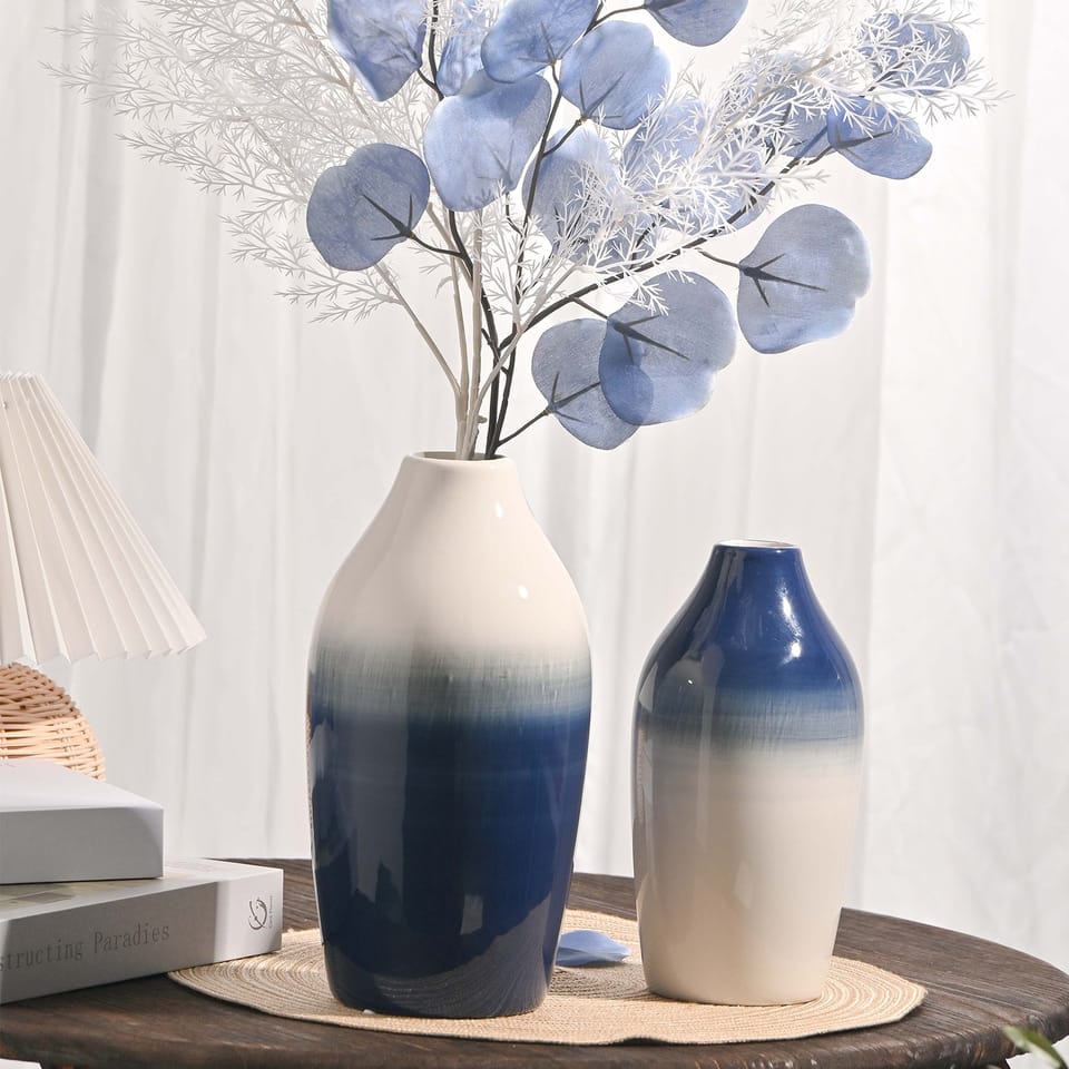 Vase 2 pièces en céramique bleu et blanc_1
