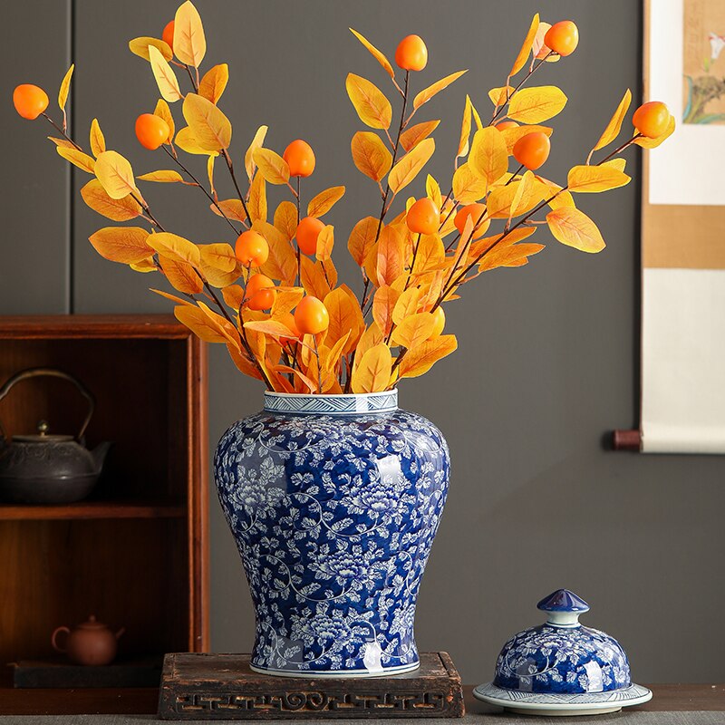 Vase bleu à fleurs en céramique bleu et blanc avec couvercle_3