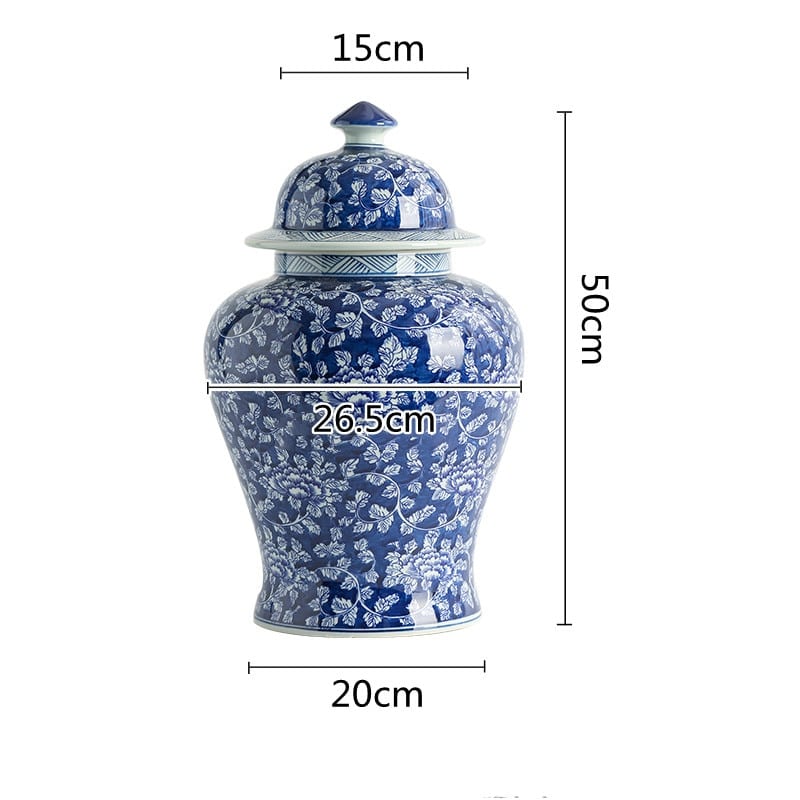 Vase bleu à fleurs en céramique bleu et blanc avec couvercle L