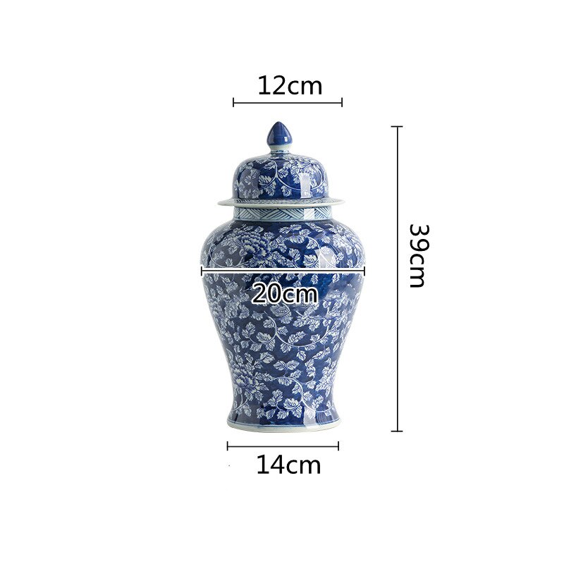 Vase bleu à fleurs en céramique bleu et blanc avec couvercle S