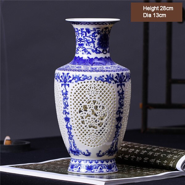 Vase chinois ajouré à la mode pour ornement de salon 28 cm bleu