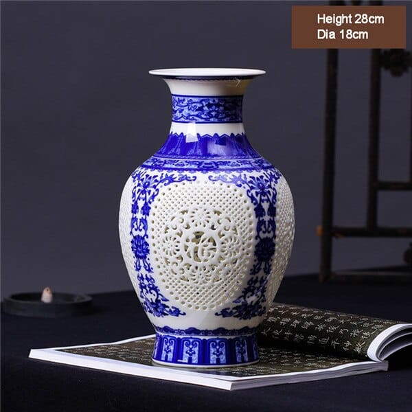Vase chinois ajouré à la mode pour ornement de salon 28 cm bleu_