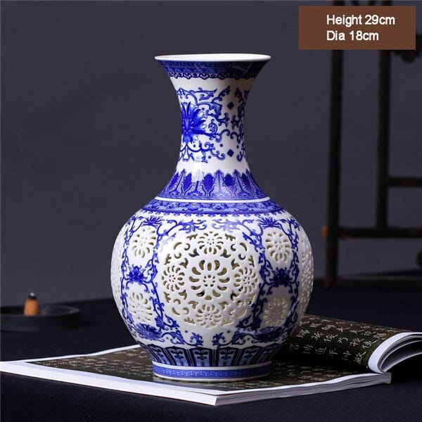 Vase chinois ajouré à la mode pour ornement de salon 29 cm bleu