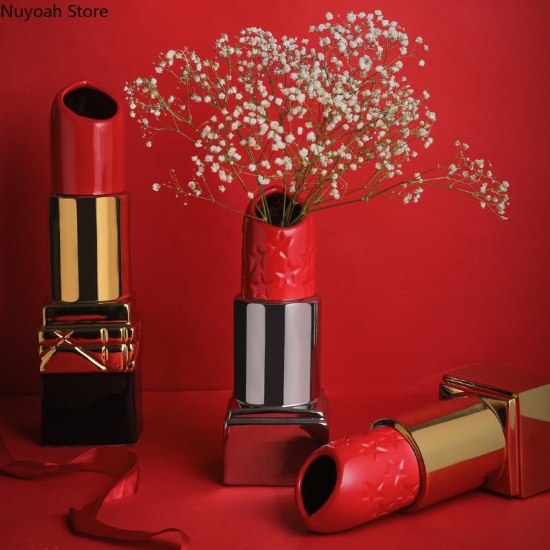 Vase de fleurs séchées en céramique style rouge à lèvres_1