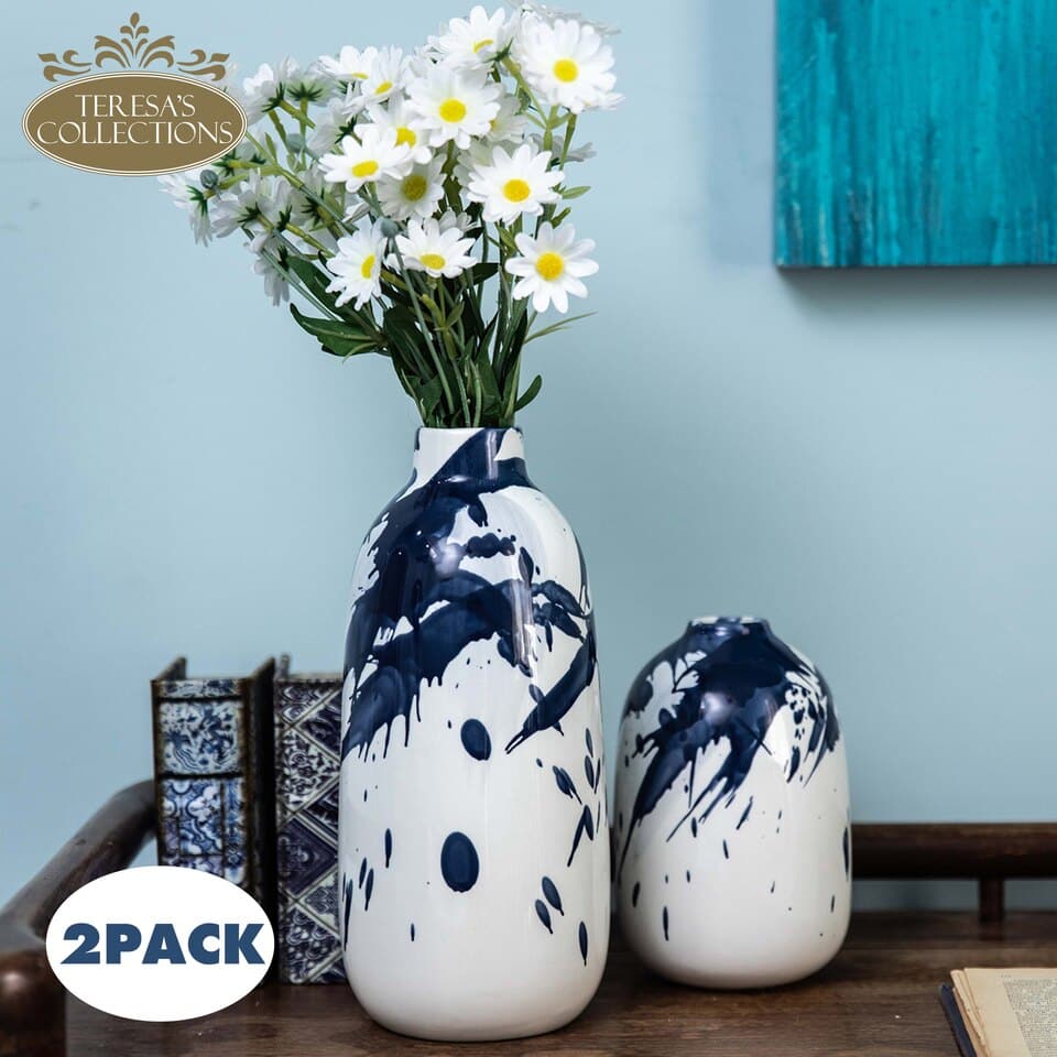 Vase en céramique bleu et blanc à fleurs décoratif émaillé_1