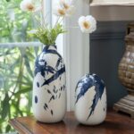 Vase en céramique bleu et blanc à fleurs décoratif émaillé_8
