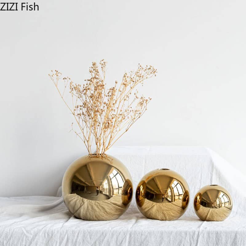 Vase en céramique plaqué or boule pour fleurs séchées_4