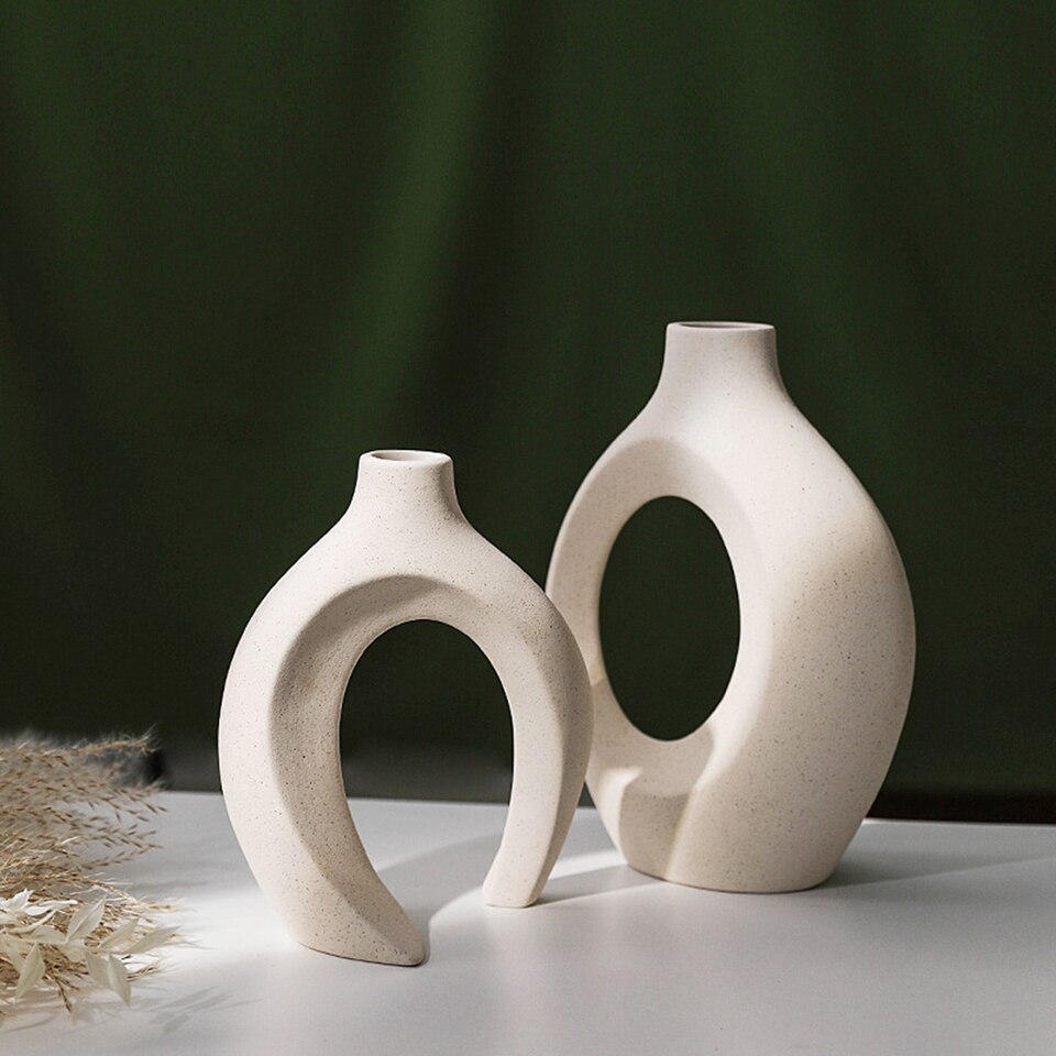 Vase nordique circulaire en céramique blanche_4